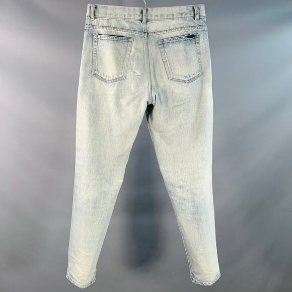 SAINT LAURENT Size 31 Blue Distressed Cotton Tapered Zip Fly Jeans - Picture 3 of 9